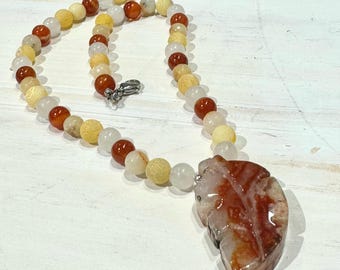 Genuine Gemstone Beaded Necklace with Leaf Gemstone Pendant