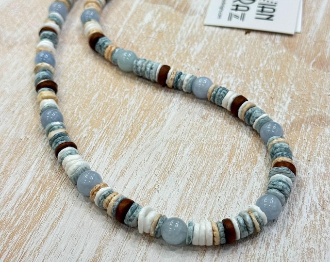 Aquamarine Necklace, Handmade Seashell & Wood Beaded Necklace, 20 Inch Coastal Gemstone Jewelry, Unisex Beach Necklace