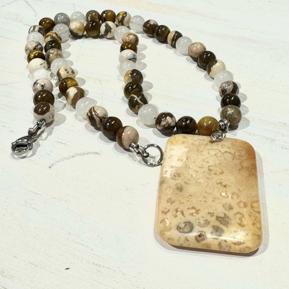 Genuine Gemstone Beaded Necklace with Brown Rectangle Gemstone Pendant