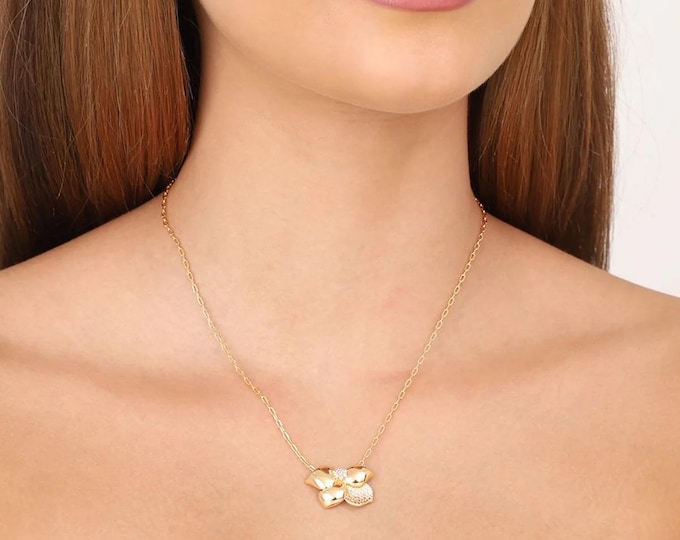 Gold Filled Flower Necklace, Floral Pendant Necklace, Cubic Zirconia Flower, Dainty Gold Necklace, Botanical Jewelry, Gift for Her, 18 Inch