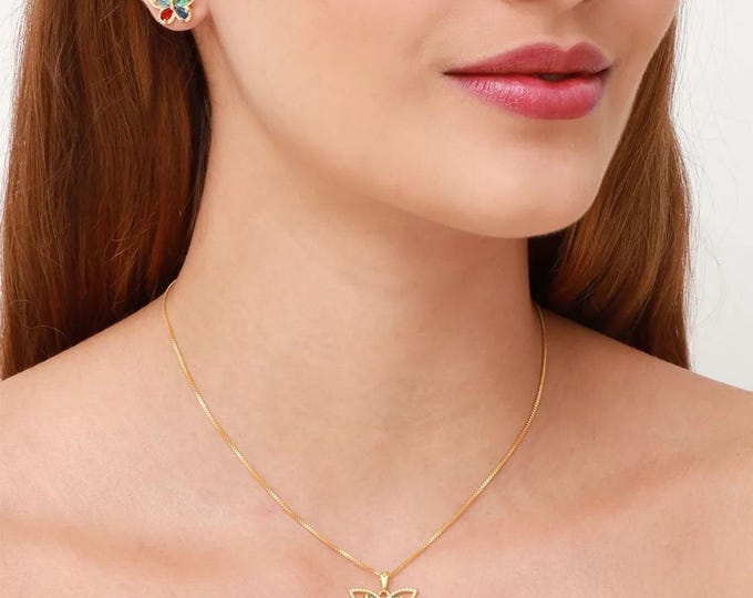 Gold Filled Butterfly Jewelry Set, Colorful CZ Necklace and Earrings, 18 Inch Necklace, Cubic Zirconia Jewelry, Gift for Her