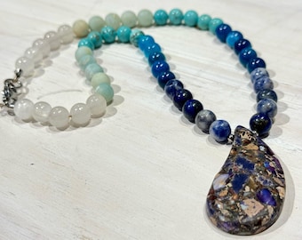 Genuine Gemstone Beaded Necklace with Blue Teardrop Gemstone Pendant