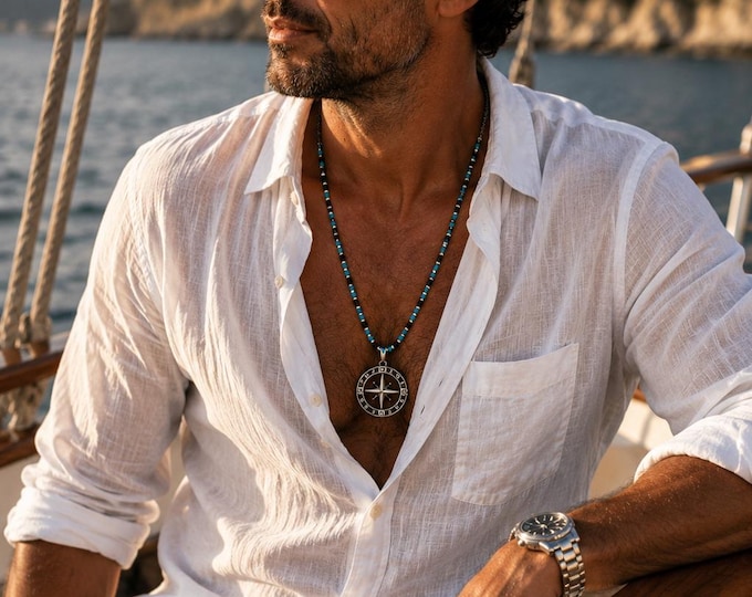 Handmade Compass Necklace, Stainless Steel Compass Pendant, Turquoise Howlite Necklace, Men’s Nautical Jewelry, One of a Kind Necklace
