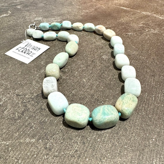 Amazonite Knotted Beaded Necklace with Stainless Steel Clasp