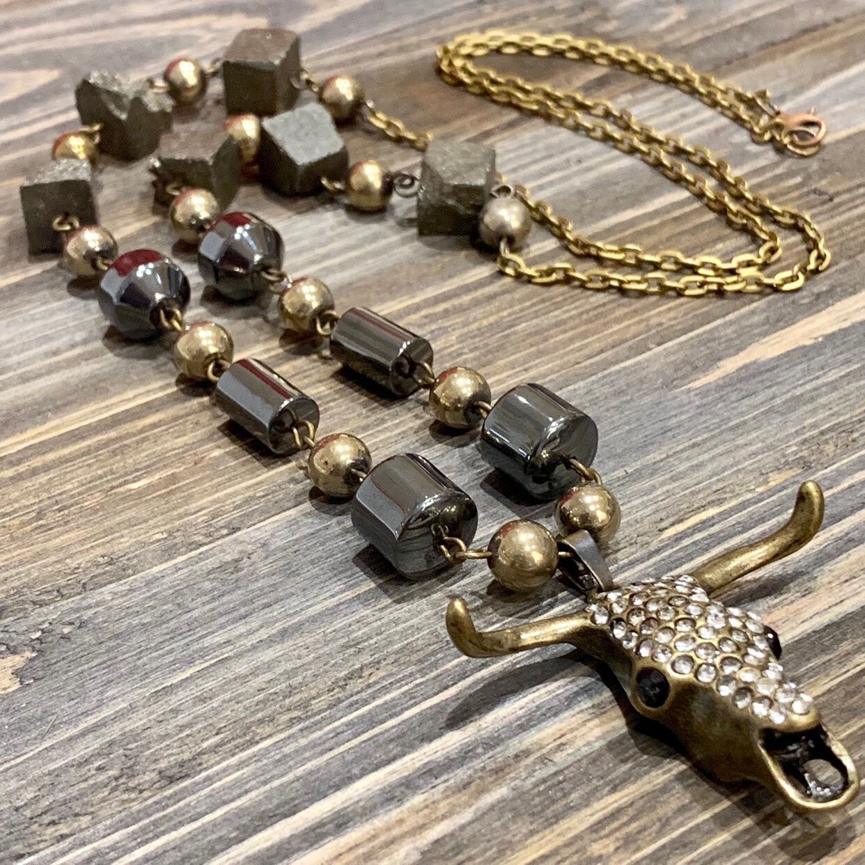Long horn pendant, country style necklace, long necklace, brass ...