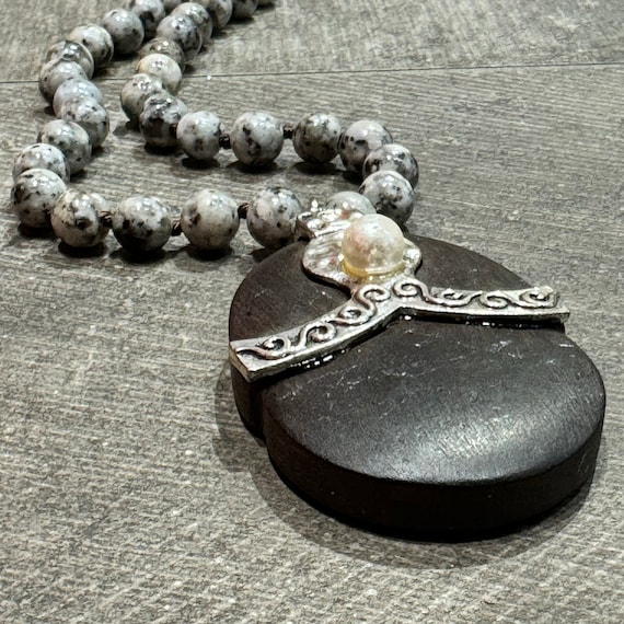 Jasper Beaded Necklace with Wood Pendant