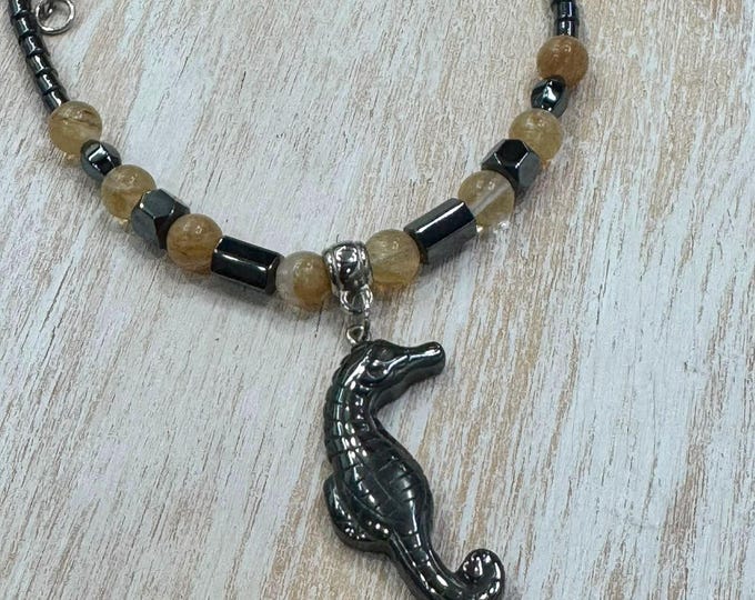 Handmade Beaded Necklace, Seahorse Pendant, Surf Necklace