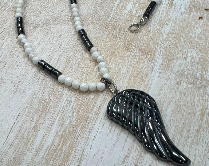 Hematite Wing Necklace, Handmade Howlite Gemstone Necklace, 20.5 Inch Men’s Beaded Necklace, Unisex Wing Jewelry