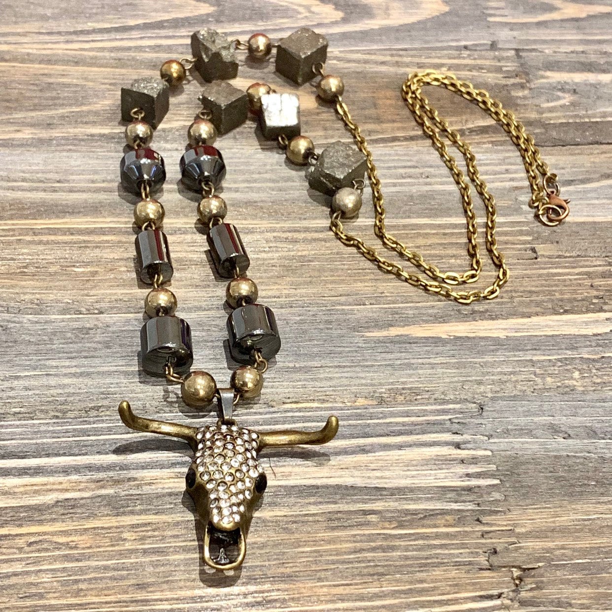 Long horn pendant, country style necklace, long necklace, brass ...
