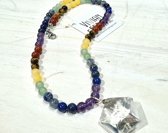 Genuine Gemstone Beaded Necklace with Clear Star Gemstone Pendant