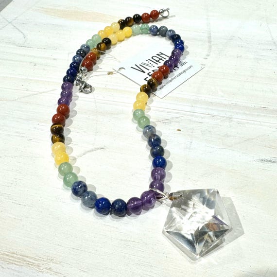 Genuine Gemstone Beaded Necklace with Clear Star Gemstone Pendant