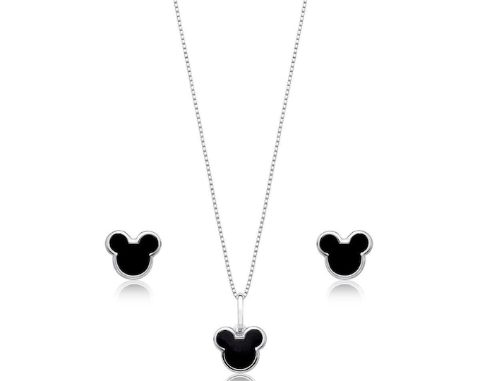 Sterling Silver Mouse Silhouette Necklace, Black Enamel Pendant 18 Inch, Minimalist Necklace, Cute Everyday Jewelry, Gift for Her