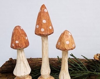 Hand Carved Wood Forest Mushrooms