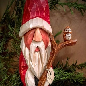 Carved Wooden Santa Owl Staff Hand Carved Santa Staff Forest Owl St.Nick Santa Claus Christmas Gnome