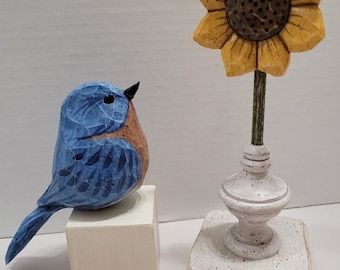 Carved Wooden Bluebird and Sunflower Finial