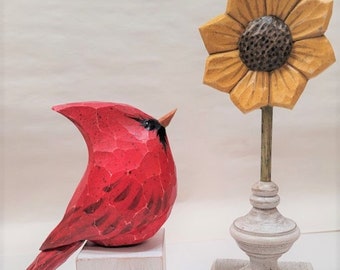 Wood Carved Cardinal and Wood Carved Sunflower Finial