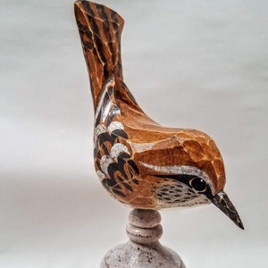 Hand Carved Bird Carolina Wren carved from White Pine. Perched on antiqued finial. image 1