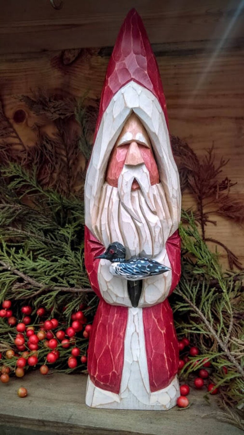 Carved Wooden Santa with Loon Hand Carved Santa St.Nick Santa | Etsy