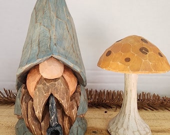 Wood Carved Forest Gnome with Wood Carved Mushroom