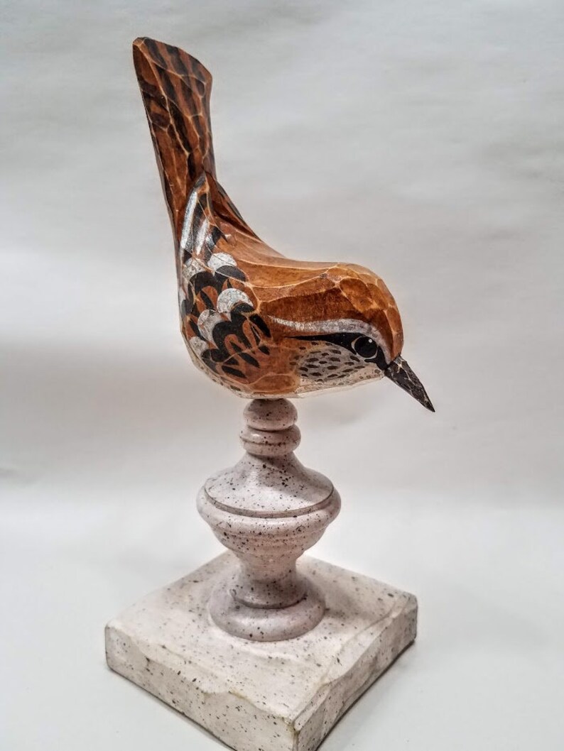 Hand Carved Bird Carolina Wren carved from White Pine. Perched on antiqued finial. image 5