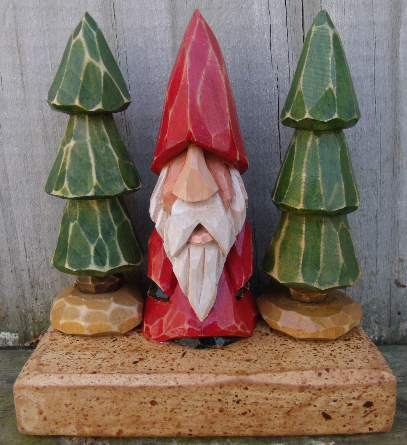 Hand Carved Christmas Gnome with carved trees Etsy