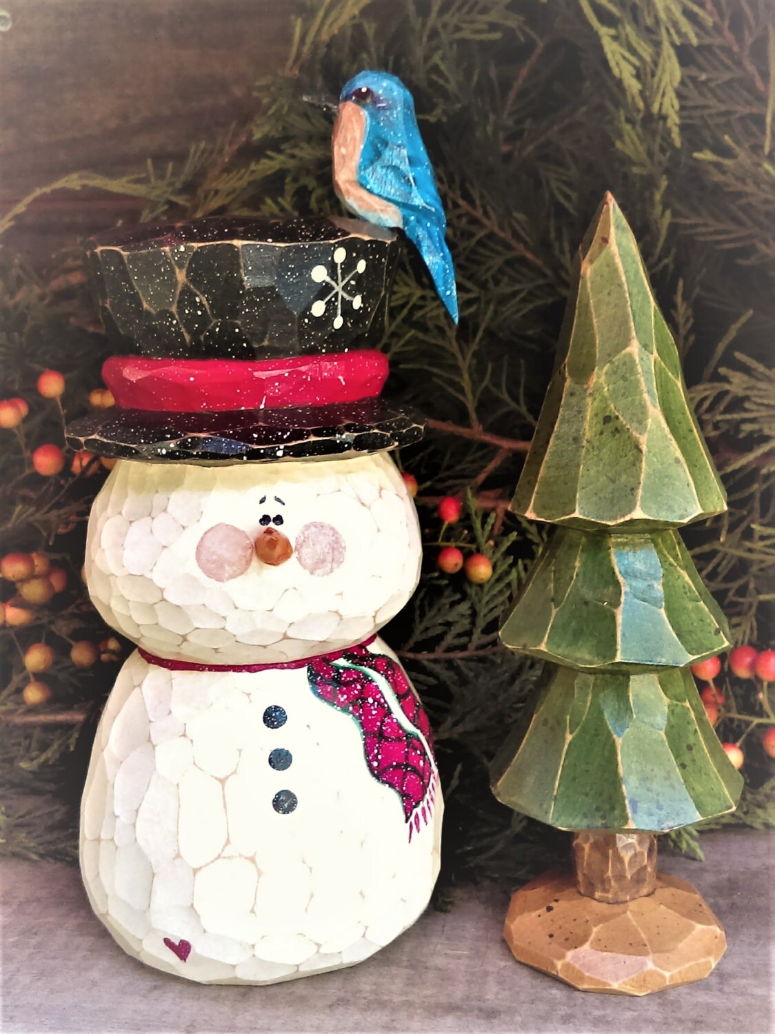 Hand Carved Snowman With Carved Tree - Etsy