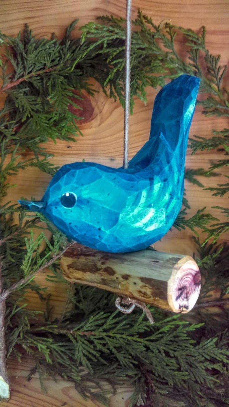 Carved Bird Ornament Indigo Bunting Etsy