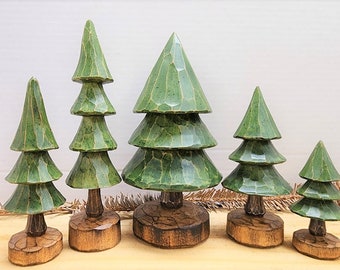 Carved Wooden Evergreen Tree Set