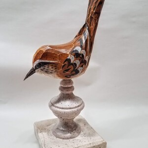 Hand Carved Bird Carolina Wren carved from White Pine. Perched on antiqued finial. image 4