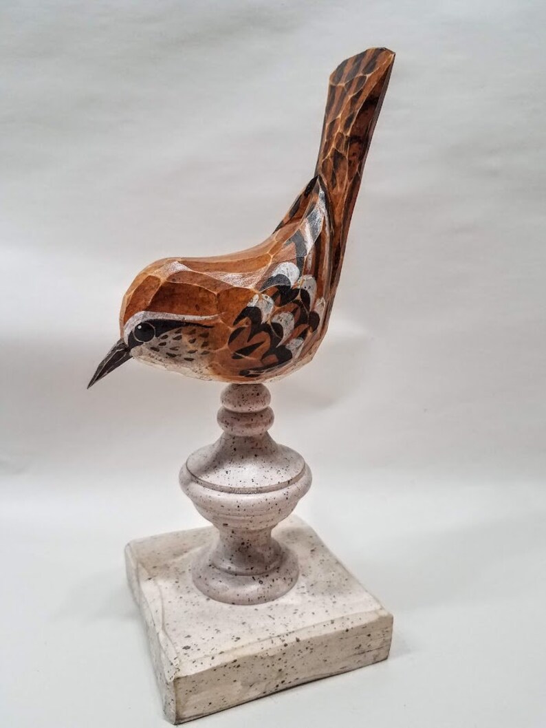 Hand Carved Bird Carolina Wren carved from White Pine. Perched on antiqued finial. image 4