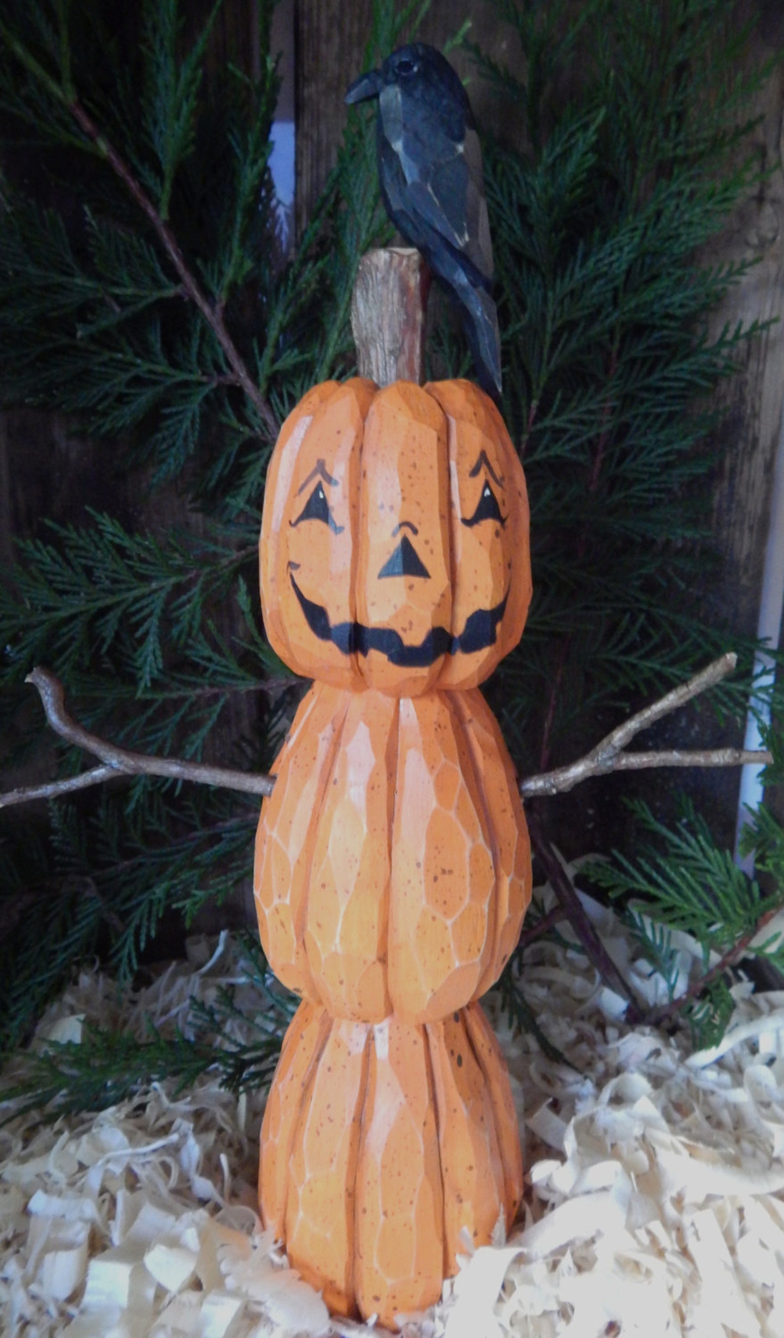 Wood Carved Pumpkin Man with Carved Crow on Head...12 inches | Etsy