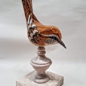 Hand Carved Bird Carolina Wren carved from White Pine. Perched on antiqued finial. image 9