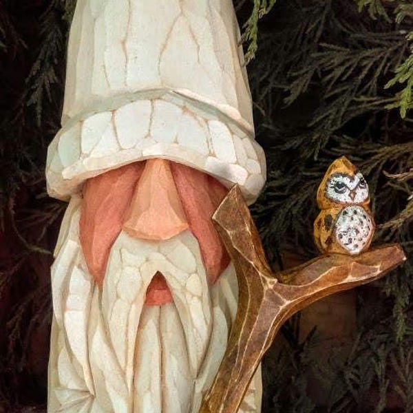 Hand Carved Santa Staff Forest Owl St.Nick Santa Claus Christmas Gnome