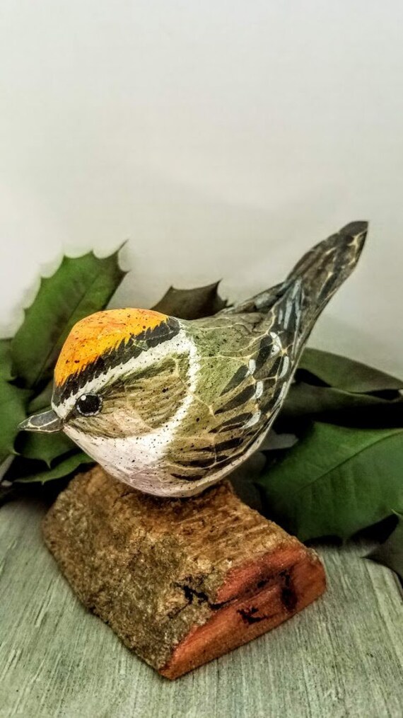 Wood,Carved, Bird, on Cottonwood, Bark, Golden Crown Kinglet 