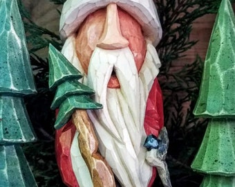 Carved Santa with Tree Staff and Chickadee with Two Carved Trees