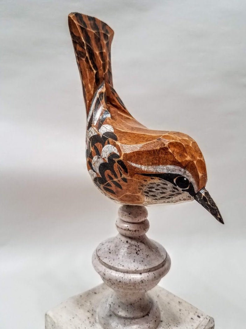 Hand Carved Bird Carolina Wren carved from White Pine. Perched on antiqued finial. image 1