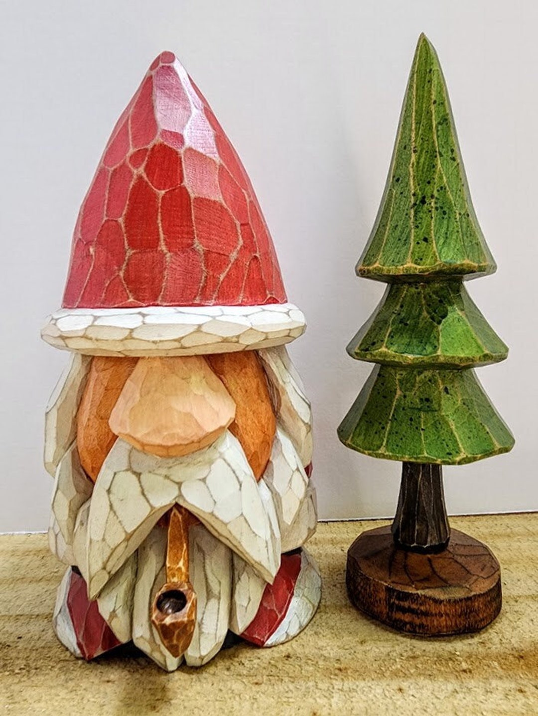 Wood Carved Christmas Gnome With Tree - Etsy