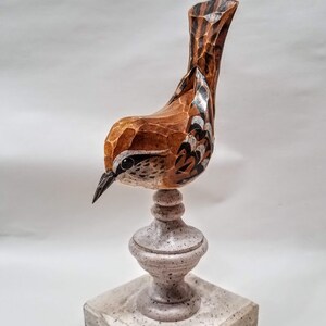 Hand Carved Bird Carolina Wren carved from White Pine. Perched on antiqued finial. image 7