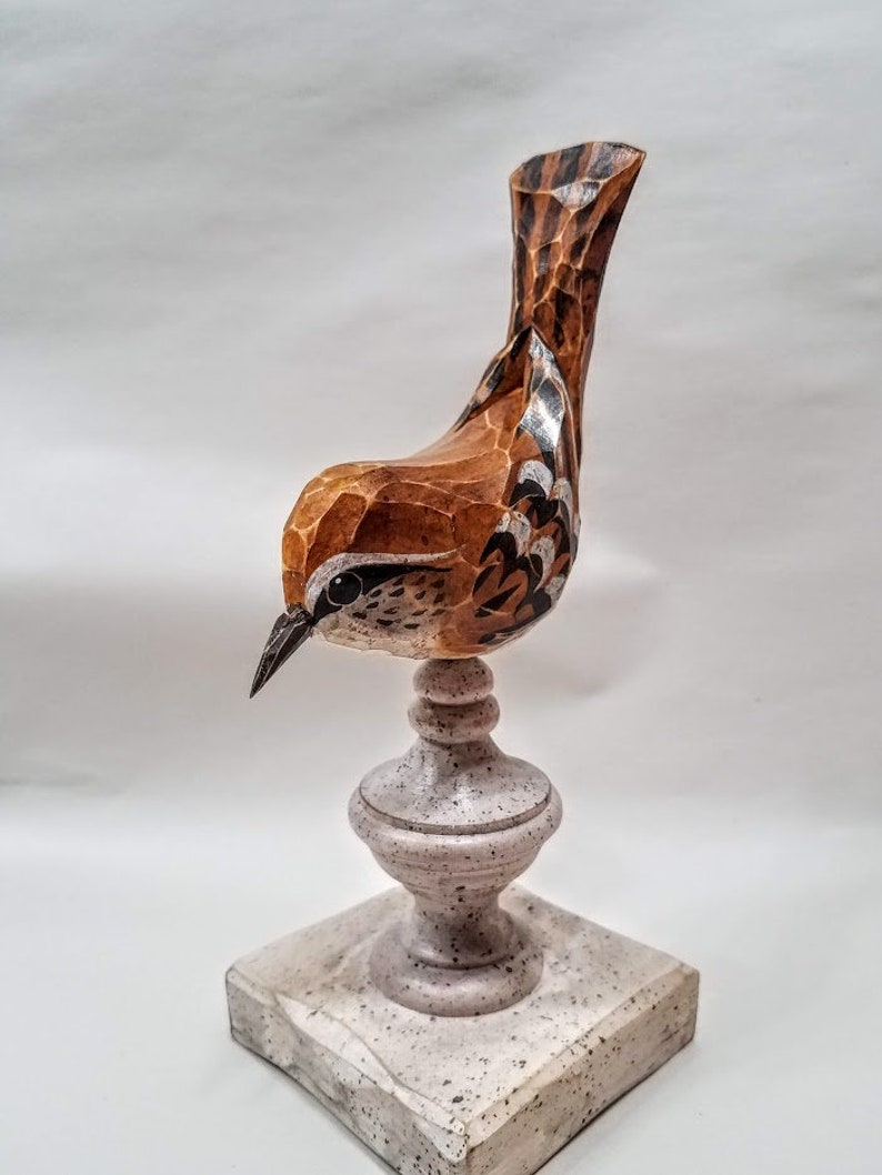 Hand Carved Bird Carolina Wren carved from White Pine. Perched on antiqued finial. image 7