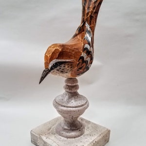 Hand Carved Bird Carolina Wren carved from White Pine. Perched on antiqued finial. image 10