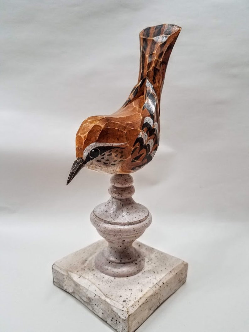 Hand Carved Bird Carolina Wren carved from White Pine. Perched on antiqued finial. image 10