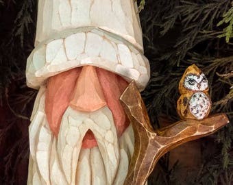 Hand Carved Santa Staff Forest Owl St.Nick Santa Claus Christmas Gnome