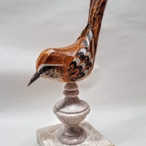 Hand Carved Bird Carolina Wren carved from White Pine. Perched on antiqued finial. image 2