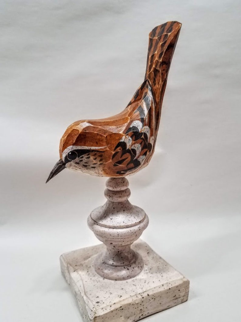 Hand Carved Bird Carolina Wren carved from White Pine. Perched on antiqued finial. image 2