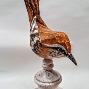 Hand Carved Bird Carolina Wren carved from White Pine. Perched on antiqued finial. image 3