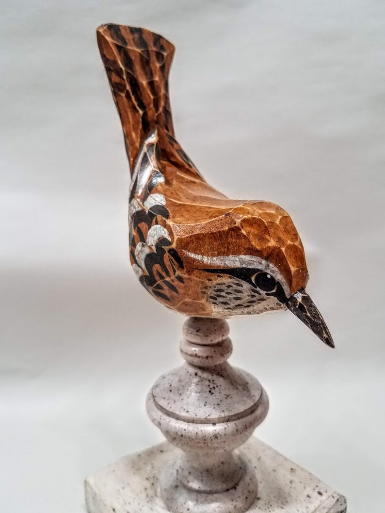 Hand Carved Bird Carolina Wren carved from White Pine. Perched on antiqued finial. image 3