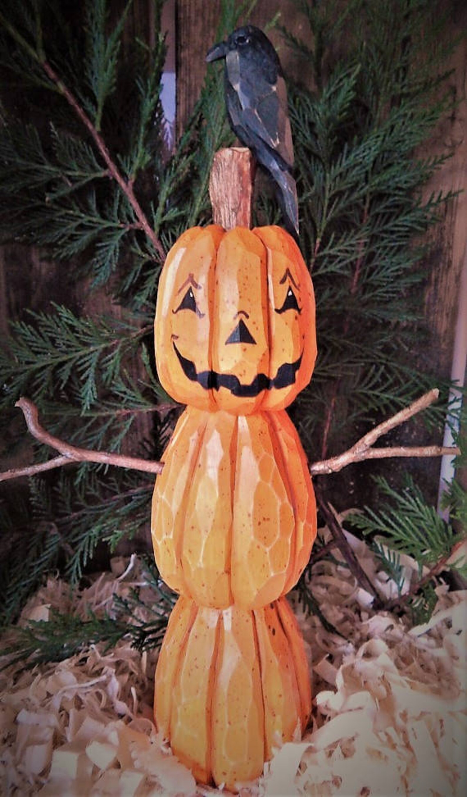 Wood Carved Pumpkin Man with Carved Crow on Head...12 inches | Etsy