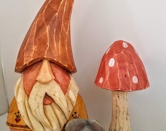 Wood Carved Forest Gnome and Mushroom Mouse