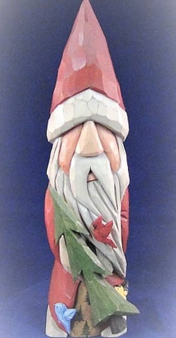 Sculpté En Bois Père Noël Avec Arbre Et Oiseaux