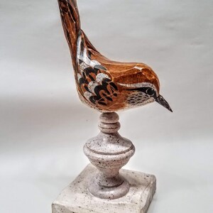 Hand Carved Bird Carolina Wren carved from White Pine. Perched on antiqued finial. image 8